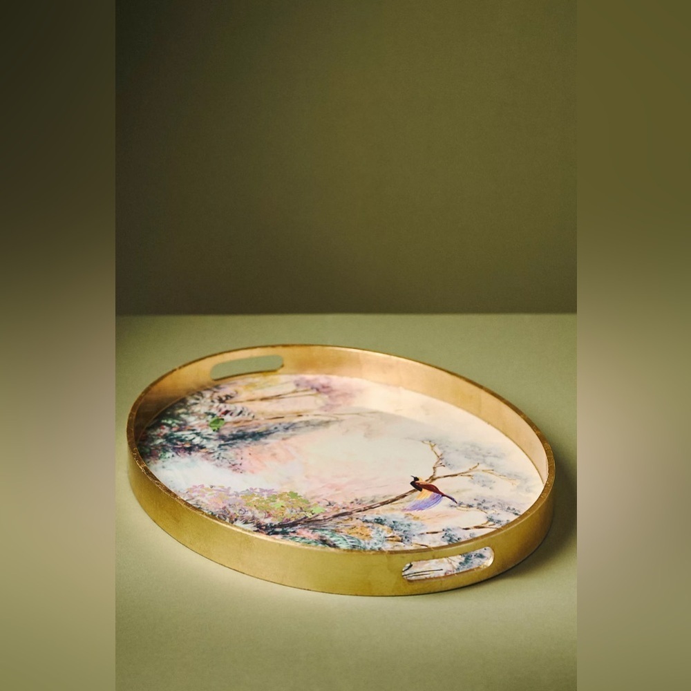 Anthropologie Alexandra Lacquered Tray Gold Pink NWT Large - Picture 2 of 6